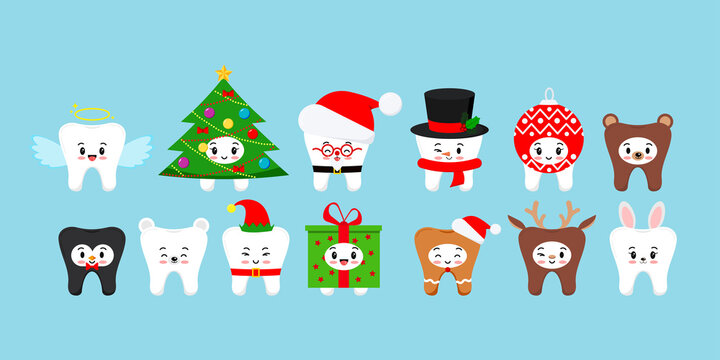 Chistmas cute teeth dental set in carnival costume isolated. Xmas white tooth character santa, deer, elf, christmas ball, tree, angel, giengerbread man, bunny. Flat design cartoon vector illustration.