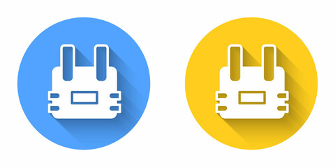 White Bulletproof vest for protection from bullets icon isolated with long shadow background. Body armor sign. Military clothing. Circle button. Vector