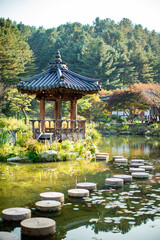 traditional Korean gazebo and a beautiful pond