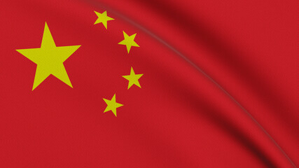 Flag of China. Close-up of a flying flag moved by the wind. 