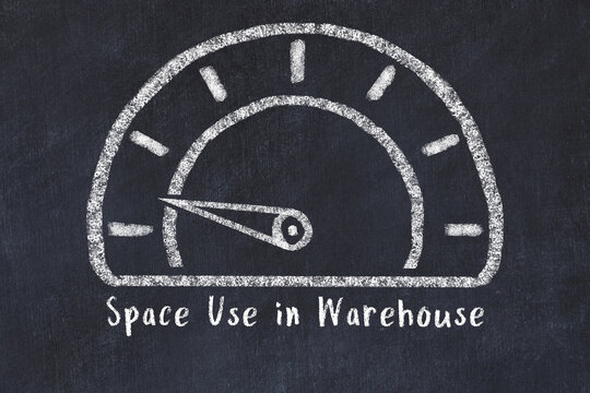 Chalk sketch of speedometer with low value and iscription Space Use in Warehouse. Concept of low logistics KPI