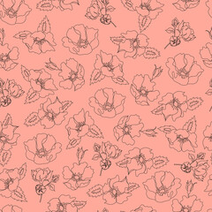 vector seamless pattern contour floral  with opened leaves and buds on a contrasting background . Botanical illustration for fabrics, textiles, wallpapers, papers, backgrounds.