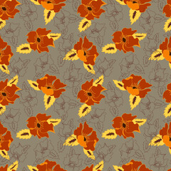 Obraz premium vector seamless pattern contour floral with opened leaves and buds on a contrasting background. Botanical illustration for fabrics, textiles, wallpapers, papers, backgrounds.