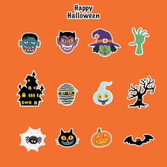 Set of halloween icons sticker include of many monster character such as mummy dracula witch pumpkin and frankenstein. Vector illustration eps10.