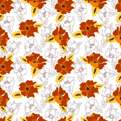 vector seamless pattern contour floral  with opened leaves and buds on a contrasting background. Botanical illustration for fabrics, textiles, wallpapers, papers, backgrounds.