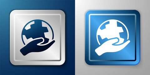 White Human hand holding Earth globe icon isolated on blue and grey background. Save earth concept. Silver and blue square button. Vector