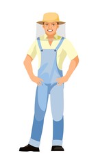 Beekeeper. Isolated on white background. Character in uniform and mesh protective hat. Person is a middle-aged man. Hands on your hips. Business mood. Cute smiles. Vector.