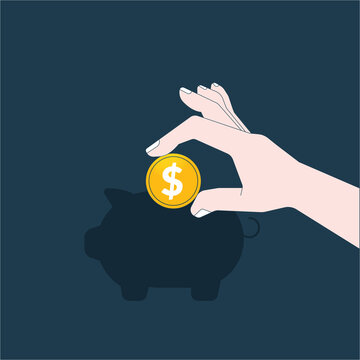 Saving, investment in future, tips and tricks for planning, save money or open a bank deposit concept. Budget home savings and investment money. Man put a coin into piggy bank vector illustration.