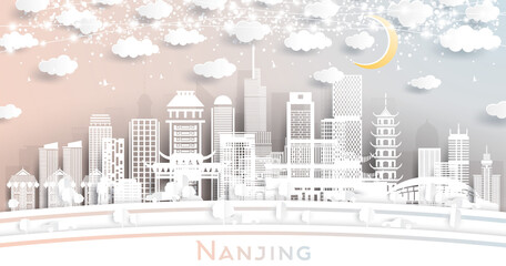 Nanjing China City Skyline in Paper Cut Style with White Buildings, Moon and Neon Garland.