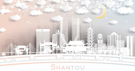 Shantou China City Skyline in Paper Cut Style with White Buildings, Moon and Neon Garland.