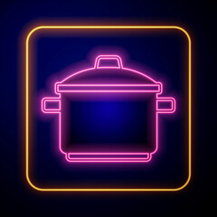 Obraz premium Glowing neon Cooking pot icon isolated on black background. Boil or stew food symbol. Vector