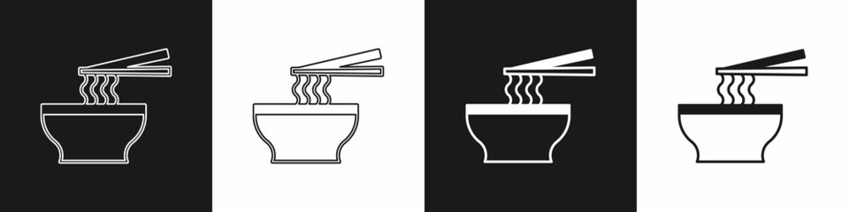 Set Asian noodles in bowl and chopsticks icon isolated on black and white background. Street fast food. Korean, Japanese, Chinese food. Vector