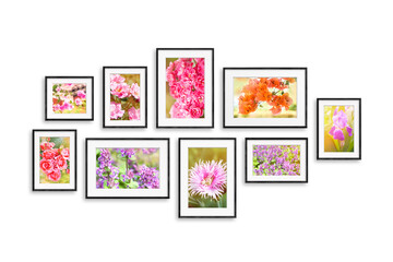 Frames set with flowers collage, nine black frameworks isolated on white background