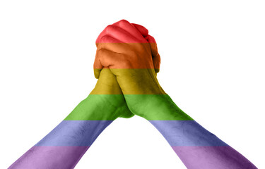 Male hands painted in colors of LGBT flag on white background