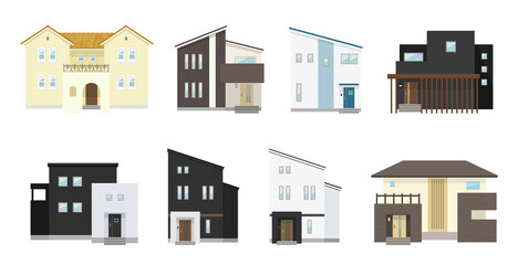 モダンな戸建て住宅のイラスト（セット）