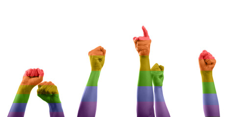 Female hands painted in colors of LGBT flag on white background