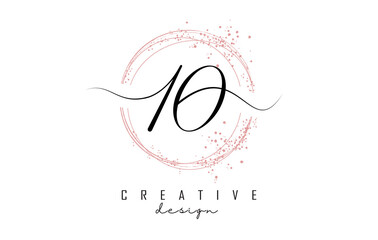Handwritten 10 ten number logo with dust pink sparkling circles and glitter.