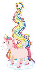 Unicorn standing on the cloud with rainbow on white background
