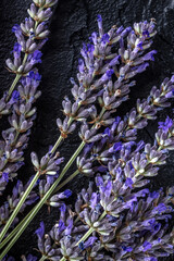 Lavender in bloom, lavandula flowers, shot from the top on a black background, aromatic plant bouquet