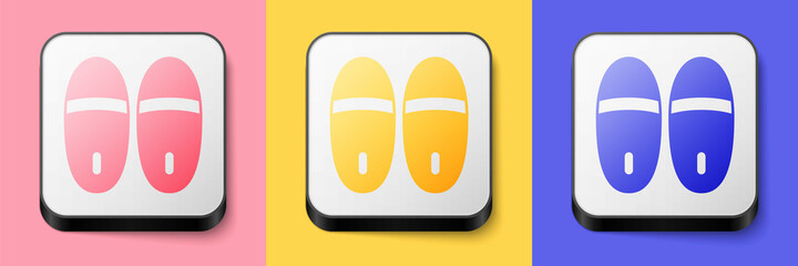 Isometric Slippers icon isolated on pink, yellow and blue background. Flip flops sign. Square button. Vector