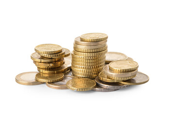 Golden coins on white background