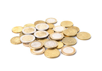 Golden coins on white background