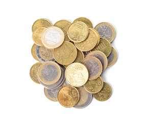 Golden coins on white background