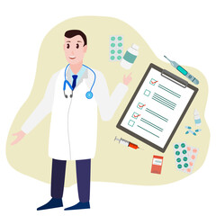 A doctor standing next to medical elements, patient board, syringe, medicine, thermometer