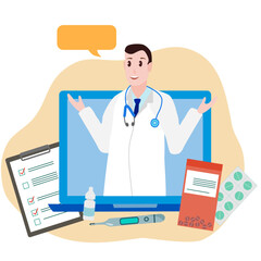 A doctor wearing  stethoscope explain in open 2 hands gestures with orange bubble on laptop screen with elements of eye drops, medicine, tablets, thermometer 
