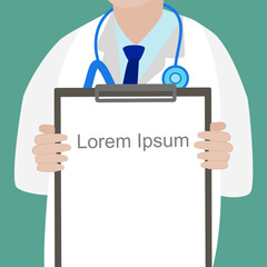 A doctor with stethoscope holding  document board with Loren ipsum text, blank space 