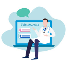 Fototapeta na wymiar A doctor sitting on laptop screen next to contact list on screen, symbol of name list, online consult, telemedicine concept 
