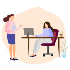 A business woman sitting using computer, a secretary colleague standing holding document and explain about work plans 