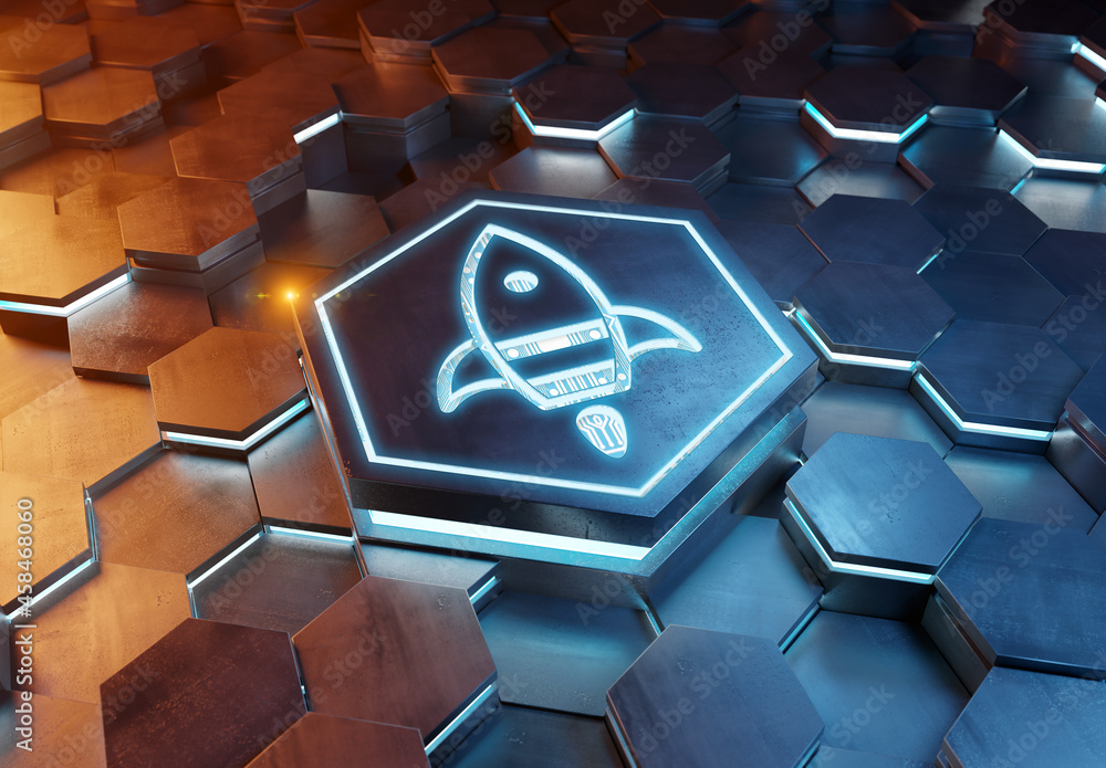 Poster Spaceship icon innovation concept engraved on metal hexagonal pedestral background. Rocket startup logo glowing on abstract digital surface. 3d rendering