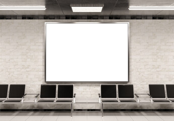 Horizontal A4 billboard on underground wall Mockup. Hoarding advertising on train station wall 3D rendering