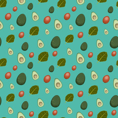 Avocado illustration vector seamless pattern on green background