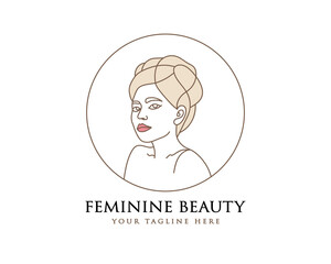 Hand drawn feminine woman beauty minimal face and floral botanical logo template for makeup spa salon skin & hair care line art portrait vector printable illustration design