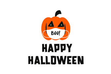 Naklejka premium Vector illustration with cute pumpkin wearing face mask. Hand drawn lettering quote. Happy Halloween cartoon pumpkin. 