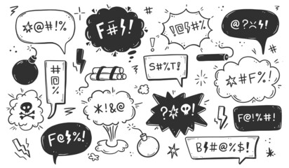 Swear word speech bubble set. Curse, rude, swear word for angry, bad, negative expression. Hand drawn doodle sketch style. Vector illustration.