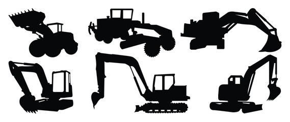 Backhoe excavator and constriction equipment Logo element vector set. Excavator heavy equipment silhouette vector for construction company. 