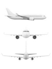 Naklejka na ściany i meble Blank airplanes in flight, isolated on white background. Orthogonal view, mockup template 3d render.