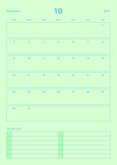 October 2022 colorful cute graphic design digital and printable calendar template illustration. Notes, scheduler, diary, calendar, memo, planner document template background.