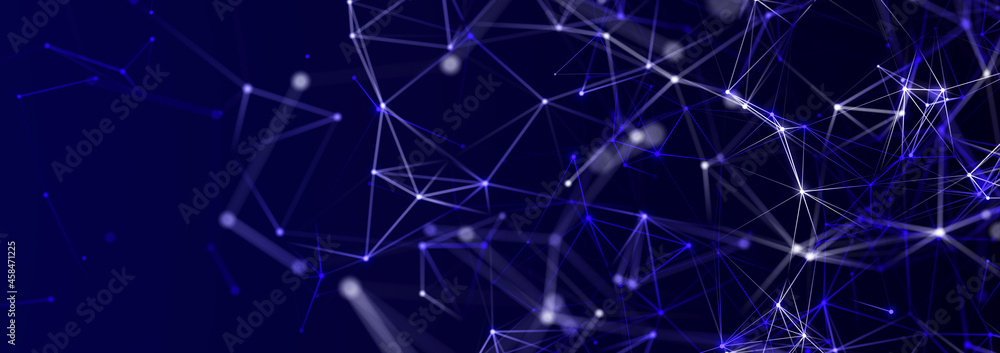 Poster structure of connected lines and dots. wireframe polygonal elements on a dark background. science an