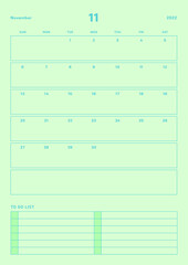 November 2022 colorful cute graphic design digital and printable calendar template illustration. Notes, scheduler, diary, calendar, memo, planner document template background.