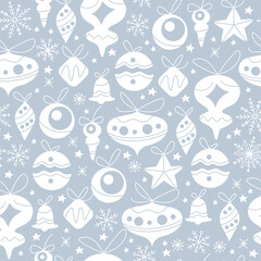 Merry Christmas seamless pattern design with different fir tree toys and balls, snowflakes and stars isolated. Vector flat illustration. For cards, banners, prints, packaging, invitations.