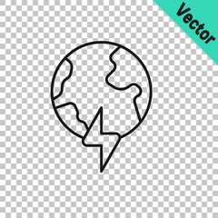 Black line Global energy power planet with flash thunderbolt icon isolated on transparent background. Ecology concept and environmental. Vector