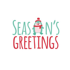 Christmas logotype or insignia. Cute cartoon penguin. Season s greetings.