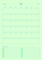 December 2022 colorful cute graphic design digital and printable calendar template illustration. Notes, scheduler, diary, calendar, memo, planner document template background.