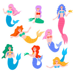 Cute mermaid cartoon characters flat vector illustrations set. Beautiful mythical underwater creatures with fish tails isolated on white background. Fairytale, fantasy, magic, mythology concept