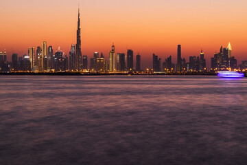 Dubai, UAE - 09.18.2021 View of Dubai skyline, shot made from Dubai creek harbor. Outdoors