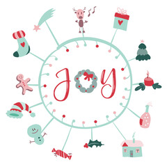 Christmas post card with merry xmas doodles and modern Christmas insignia. Callygraphic logo. Vector